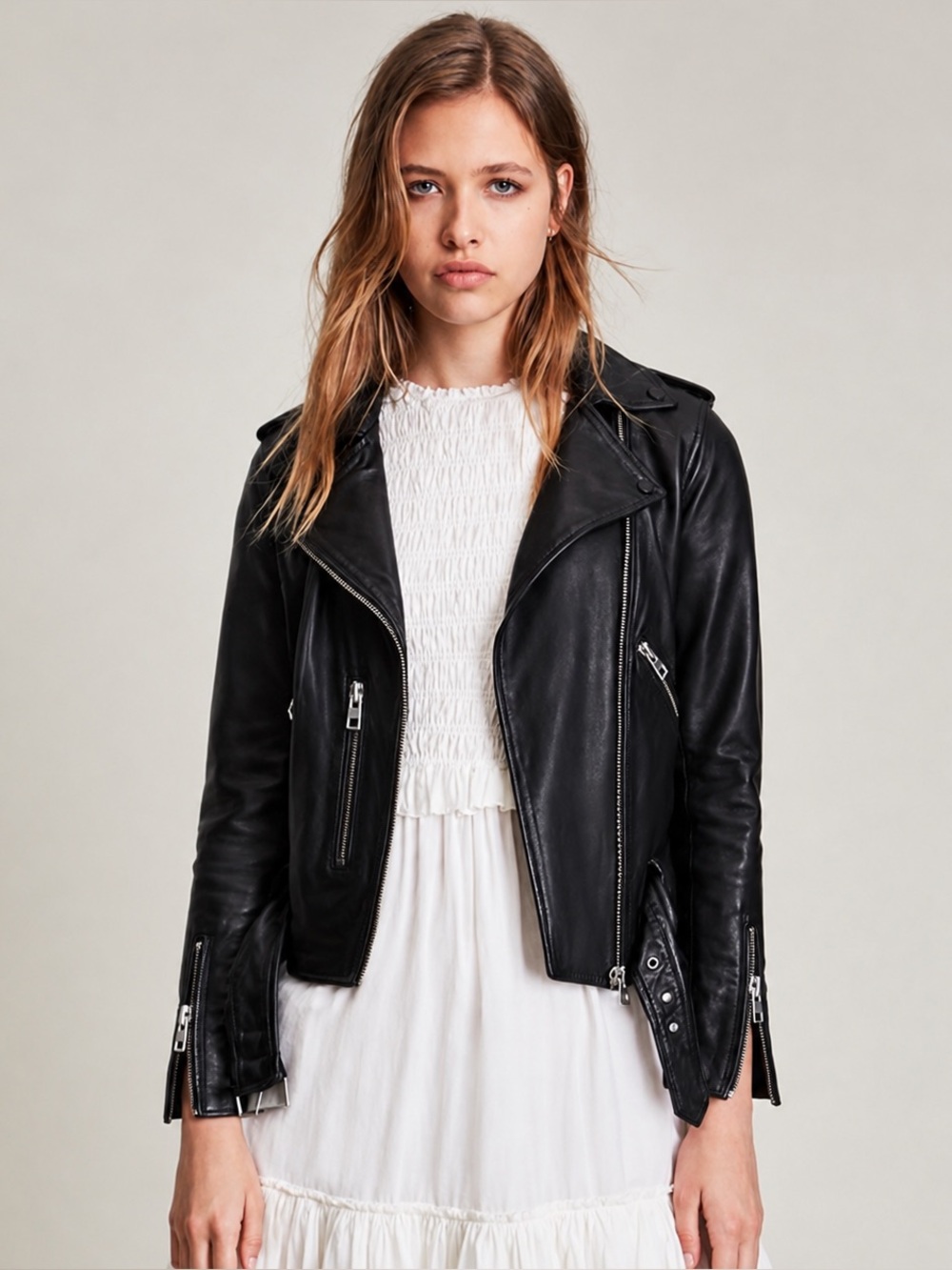 ALLSAINTS Belfern 100% Sheep Leather Moto Jacket Black Size 2
